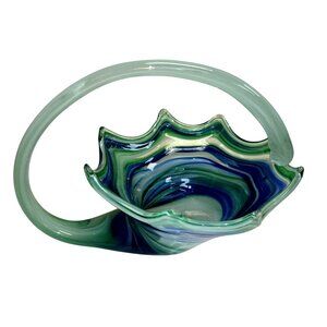 Vintage Handblown Glass Basket With Swirled Blue & Green Design